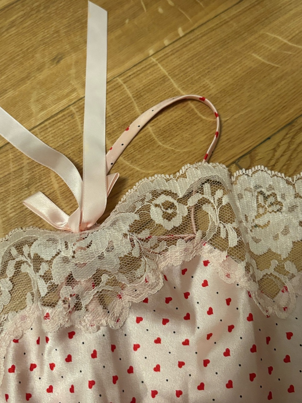 Victoria's Secret Pink Slip Dress with Red Heart Print and Lace Trim